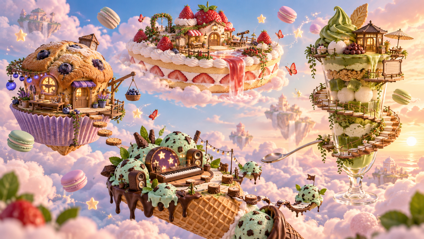 A dreamy sky with a strawberry cake, blueberry muffin, matcha parfait, and mint chocolate cone.